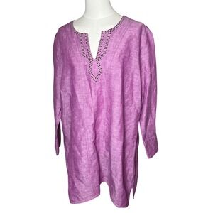 Boho Linen Tunic‎ Top Purple Embroidered Neck Easy Fit Eddie Bauer XL Tall